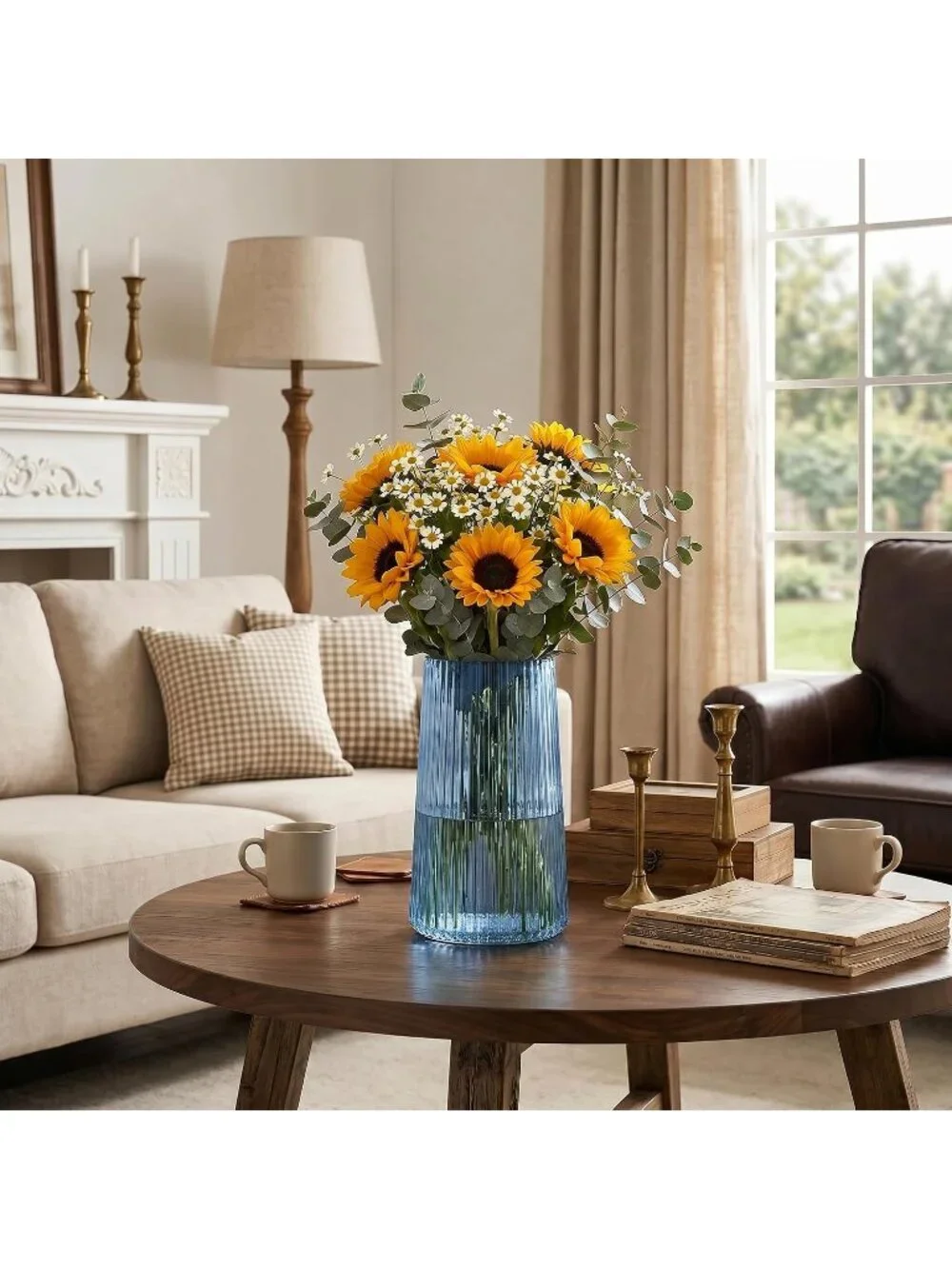 8 Inches Modern Blue Glass Vase Flower Bouquet Living Room Bedroom Home Deco
